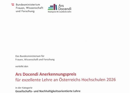 Urkunde des Ars Docendi Anerkennungspreises 2026 für exzellente Lehre an Österreichs Hochschulen