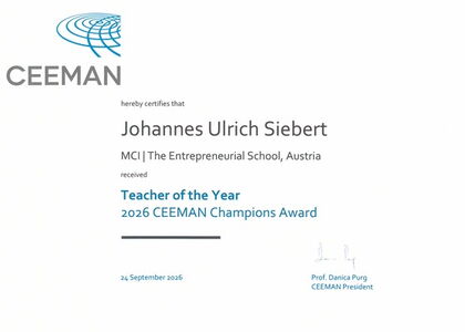 Urkunde des CEEMAN Champion Award „Teacher of the Year“ 2026 für Johannes Siebert, MCI