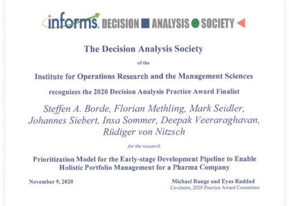 Finalist certificate of the 2020 INFORMS Decision Analysis Practice Award for a prioritisation model for a pharma development pipeline